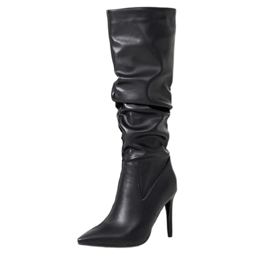 Gueploer Damen Hohe Stiefel, Klassischer Spitzer Stiletto Long Bootd Mit Dünnem Fleecefutter Für Party, Bankett, Abschlussball,Schwarz,36 EU von Gueploer