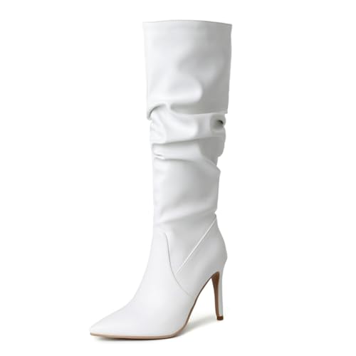 Gueploer Damen Hohe Stiefel, Klassischer Spitzer Stiletto Long Bootd Mit Dünnem Fleecefutter Für Party, Bankett, Abschlussball,Weiß,40 EU von Gueploer