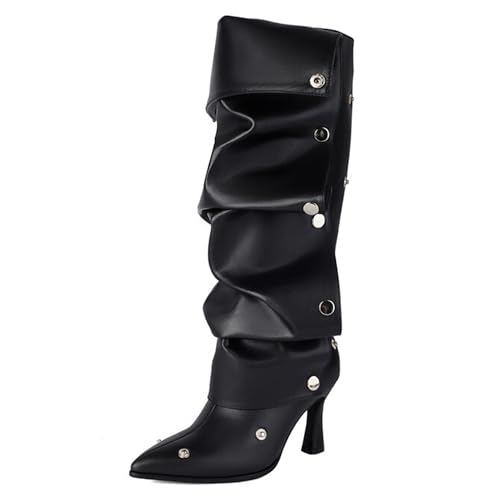 Gueploer Damen Hohe Stiefel, Spitze Dünne Absätze PU Unter Dem Knie Lange Stiefel Für Party, Bankett, Alltag,Schwarz,33 EU von Gueploer