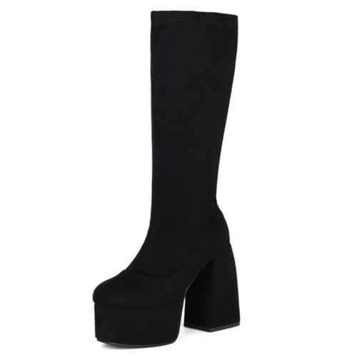 Gueploer Damen Knielange Stiefel, Runde Zehenblock Ferse Plateau Stretch Hohe Stiefel Für Den Alltag, Party,Schwarz,40 EU von Gueploer