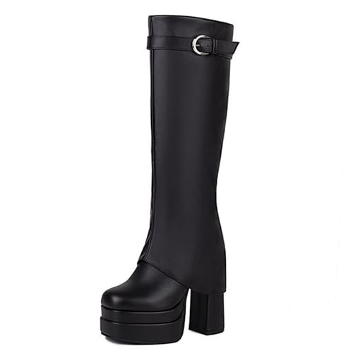 Gueploer Damen Lange Stiefel, Runde Zehe Block Heels Plateau Klassische Knie Lange Stiefel Für Alltag, Party, Club,Schwarz,40 EU von Gueploer