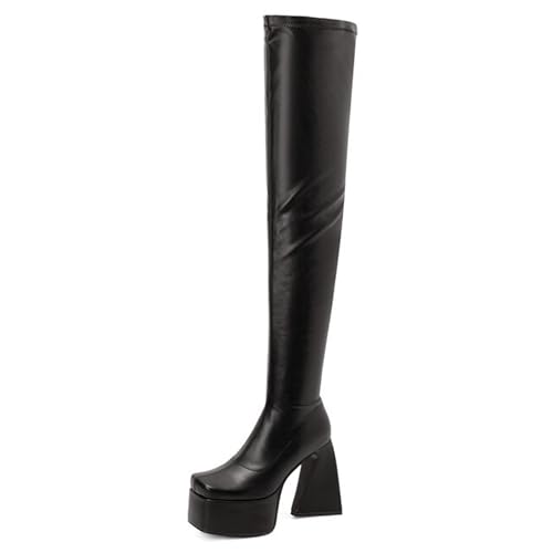 Gueploer Damen Overknee Stiefel, Chunky Heels Plateau Stretch Oberschenkel Hohe Stiefel Für Party, Alltag,Schwarz,37 EU von Gueploer