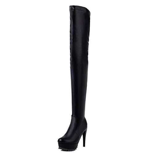 Gueploer Damen Overknee Stiefel, Klassische Runde Zehen High Thigh Stiefel Mit 12 cm Dünnen Absätzen Für Party, Alltag,Schwarz,33 EU von Gueploer