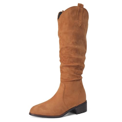 Gueploer Frauen Hohe Stiefel, Runde Zehe Block Heels Stretch Wildleder Lange Stiefel Für Herbst Winter Alltag,2#,44 EU von Gueploer