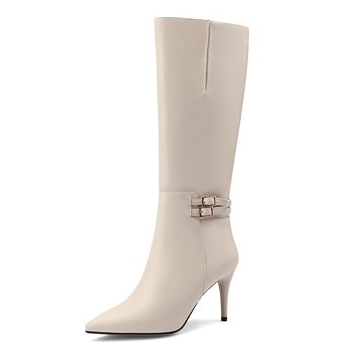 Gueploer Frauen hohe Stiefel, Klassische Spitze dünne Absätze Lange Stiefel mit seitlichem Reißverschluss für das tägliche Partybankett,Weiß,38 EU von Gueploer