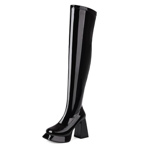 Gueploer High Thigh Stiefel, Frauen Overknee Stiefel Mit Klobigen Absätzen Und Größenreißverschluss Für Party, Täglich,Schwarz,41 EU von Gueploer