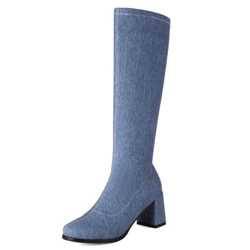Gueploer Hohe Stiefel für Frauen, Runde Spitze Chunky Heel Stoff Knie Lange Stiefel für Party, Täglich,Darkblue,38 EU von Gueploer