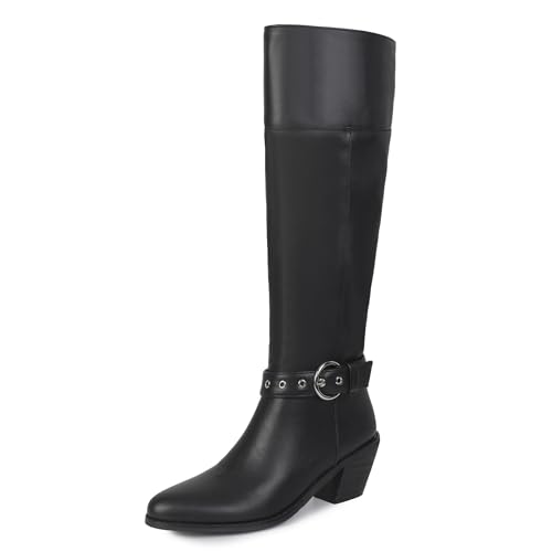 Gueploer Klassische Lange Stiefel Für Damen, Spitze Klobige Absätze Knielange Stiefel Für Alltag, Party, Bankett,Schwarz,34 EU von Gueploer