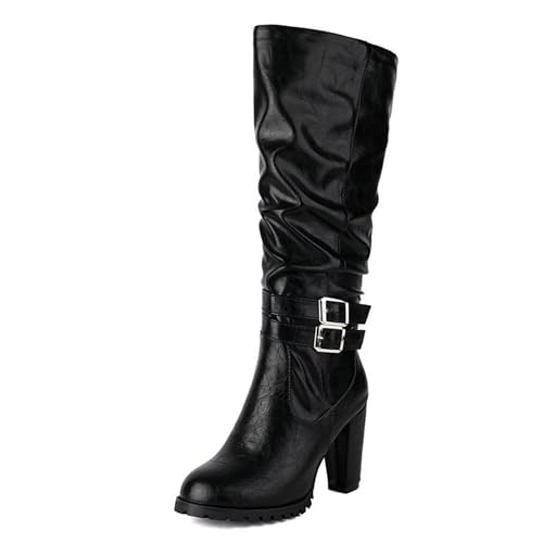 Gueploer Klassische Lange hohe Stiefel für Damen, Runde Zehen mit klobigen Absätzen Kniestiefel für den Alltag, Party,Schwarz,47 EU von Gueploer