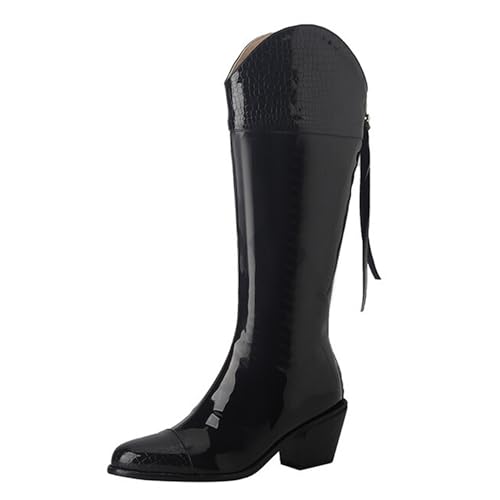 Gueploer Lange Stiefel Für Damen, Spitz Chunky Heel Kniehoher Stiefel Mit Reißverschluss Hinten Für Party, Täglich,Schwarz,33 EU von Gueploer
