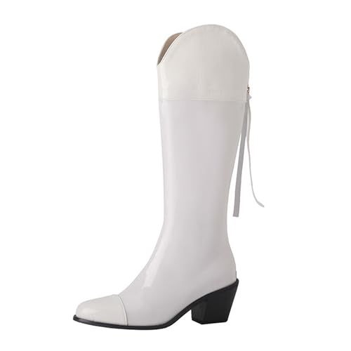 Gueploer Lange Stiefel Für Damen, Spitz Chunky Heel Kniehoher Stiefel Mit Reißverschluss Hinten Für Party, Täglich,Weiß,43 EU von Gueploer