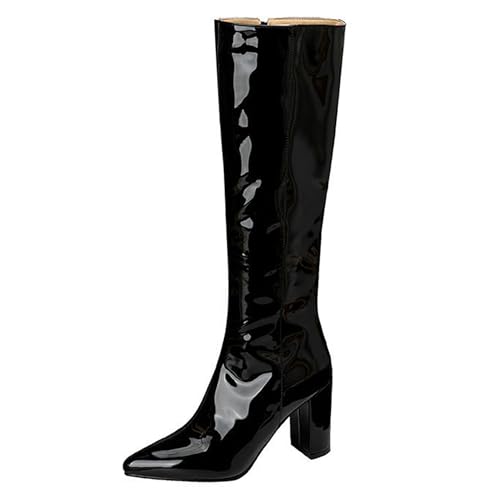 Gueploer Lange Stiefel Für Damen, Spitze Klobige Absätze Dünne Kniehohe Fleecestiefel Für Den Alltag, Bankett, Abschlussball,Schwarz,34 EU von Gueploer