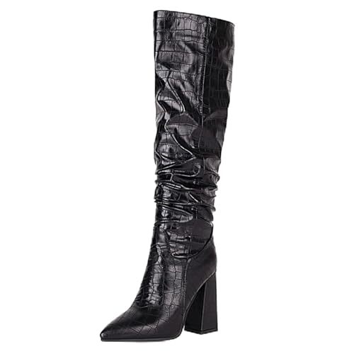 Gueploer Lange Stiefel Für Damen, Spitze Klobige Absätze Klassische Kniehohe Stiefel Für Party, Alltag,Schwarz,46 EU von Gueploer
