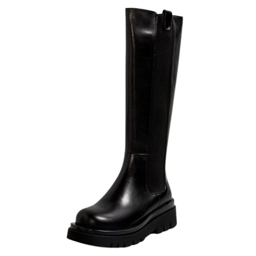 Gueploer Lange Stiefel Mit Dünnem Fleecefutter, Damen Runde Zehe Plat Heels Hohe Stiefel Für Alltag, Party, Arbeit,Schwarz,36 EU von Gueploer