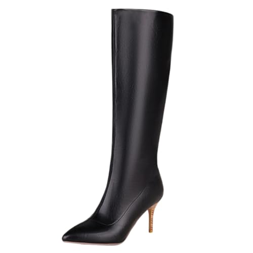 Gueploer Lange Stiefel für Damen, Spitze dünne Absätze Kniehohe Stiefel für Party, Bankett, Alltag,Schwarz,39 EU von Gueploer