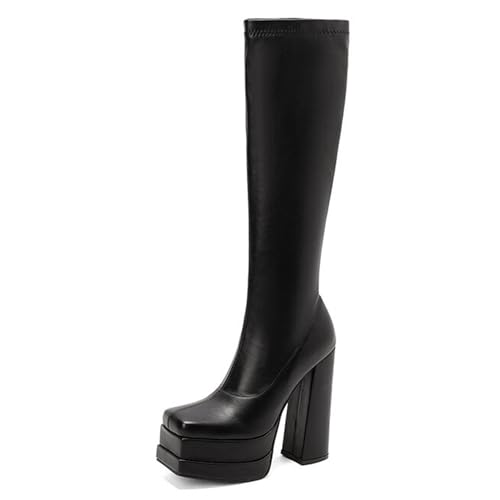 Gueploer Lange Stiefel für Frauen, Chunky Heels Plateau Hohe Stiefel mit seitlichem Reißverschluss für Party, Abschlussball, Tag,Schwarz,34 EU von Gueploer
