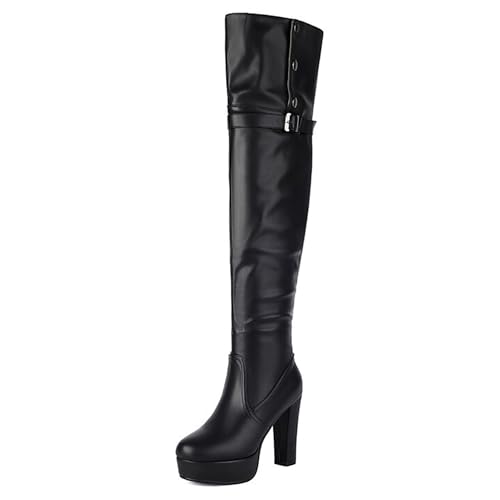 Gueploer Over The Knee Stiefel, Frauen Chunky Heel Plateau Fall High Thigh Stiefel Für Party, Alltag,Schwarz,41 EU von Gueploer