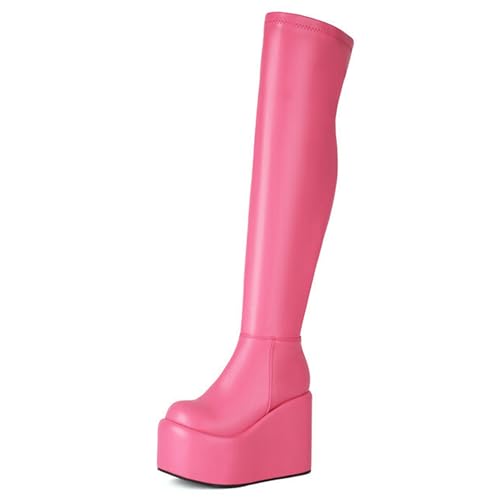 Gueploer Over The Knee Stiefel, Frauen Keilabsätze Hohe Oberschenkel Stiefel Mit Seitlichem Reißverschluss Für Party, Abschlussball, Täglich,Rosa,38 EU von Gueploer