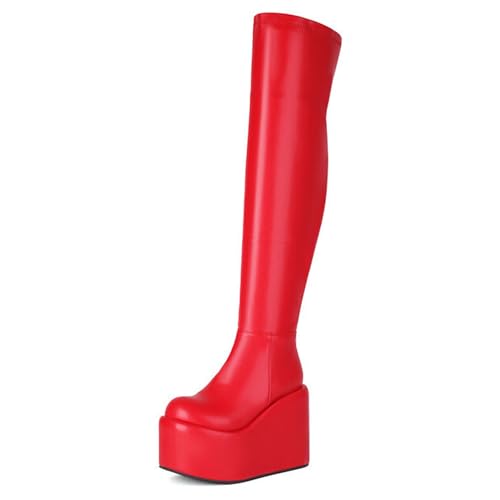 Gueploer Over The Knee Stiefel, Frauen Keilabsätze Hohe Oberschenkel Stiefel Mit Seitlichem Reißverschluss Für Party, Abschlussball, Täglich,Rot,34 EU von Gueploer