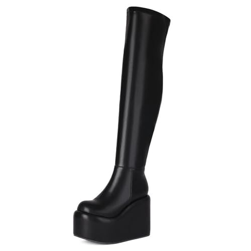 Gueploer Over The Knee Stiefel, Frauen Keilabsätze Hohe Oberschenkel Stiefel Mit Seitlichem Reißverschluss Für Party, Abschlussball, Täglich,Schwarz,39 EU von Gueploer