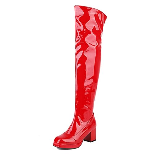 Gueploer Overknee-Stiefel, Overknee-Stiefel Mit Runder Spitze Und Blockabsatz Für Damen Für Partys,Rot,44 EU von Gueploer