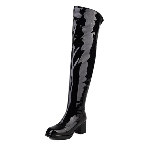 Gueploer Overknee-Stiefel, Overknee-Stiefel Mit Runder Spitze Und Blockabsatz Für Damen Für Partys,Schwarz,45 EU von Gueploer
