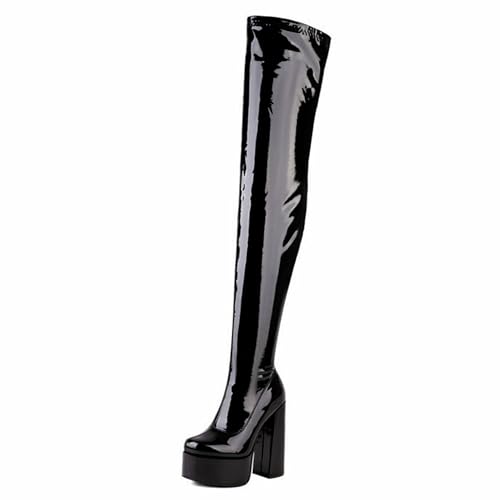 Gueploer Overknee Stiefel für Frauen, 14Cm Chunky Heel Plateau High Thigh Stiefel für Party, Abschlussball, Alltag,Black2,35 EU von Gueploer