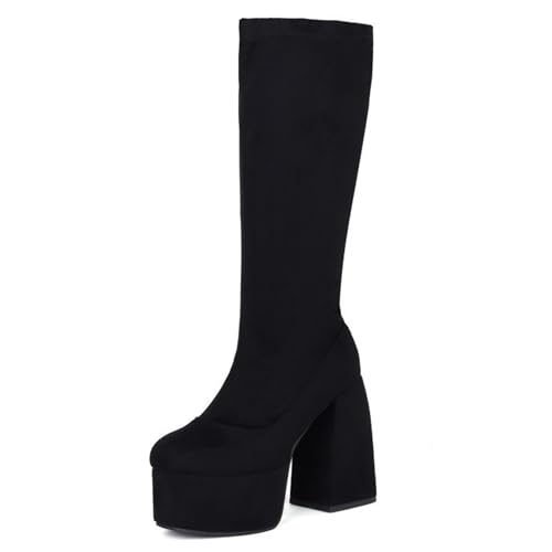 Gueploer Plateau Lange Stiefel Für Damen, Runde Zehenpartie Chunky Heels Stretch Kniehohe Stiefel Für Den Alltag, Party,Schwarz,41 EU von Gueploer