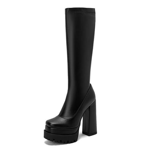 Gueploer Plattform Hohe Stiefel, Frauen Runde Zehe Chunky Heel Unter Dem Knie Lange Stiefel Mit Für Party, Täglich,Schwarz,39 EU von Gueploer