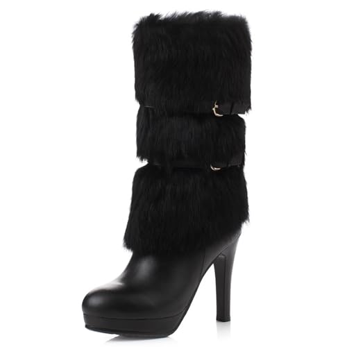 Gueploer Schwarze Hohe Stiefel Für Frauen, Runde Spitze Plateau Seitlicher Reißverschluss Knie Lange Stiefel Für Party, Täglich, Bankett,Schwarz,34 EU von Gueploer