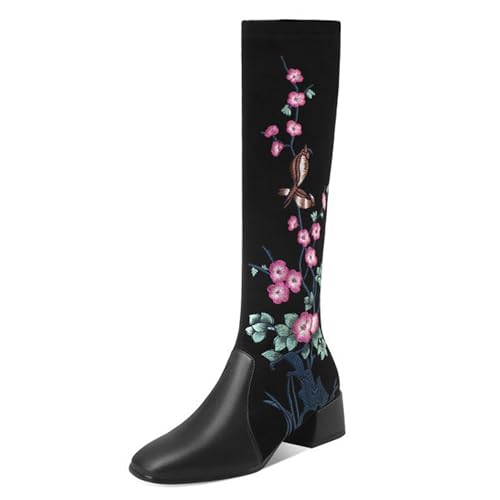 Gueploer Schwarze Lange Stiefel Für Damen, Runde Zehenabsätze Mit Blockabsatz Aus Wildleder Mit Blumenstickerei Für Party, Bankett,Schwarz,40 EU von Gueploer