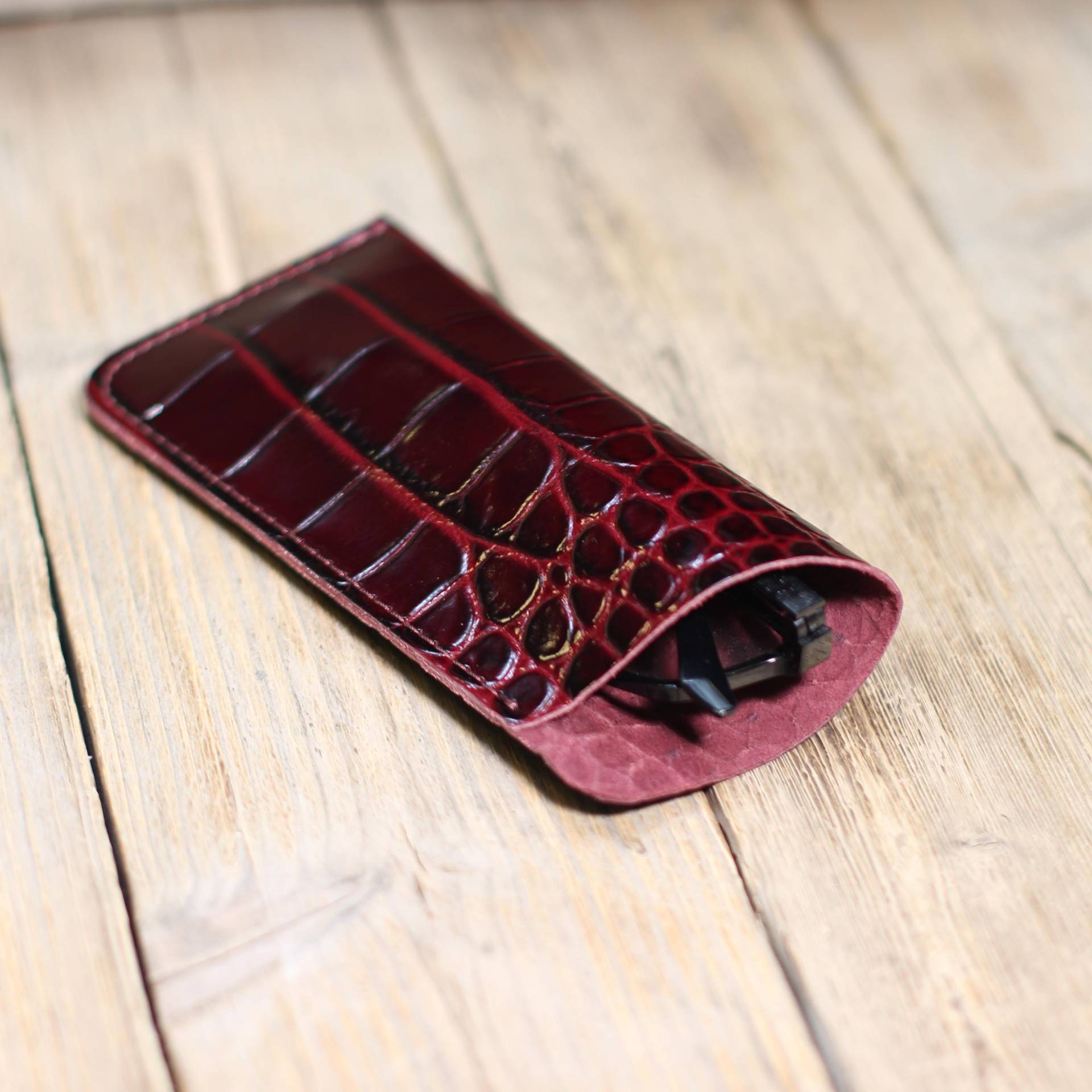 Brillenetui Kroko Style/Einstecketui Hülle Leather Glasses Case Echt Leder , Rot , Gr. L, Xl, Xxl Handgemacht Naht Nach Auswahl von GuertelatelierDE