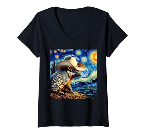 Damen Armadillo Starry Night Gürteltier Cowboyhut Gürteltier T-Shirt mit V-Ausschnitt Damen Armadillo Starry Night Gürteltier Cowboyhut Gürteltier T-Shirt mit V-Ausschnitt von Gürteltier Motive Für Herren Und Damen