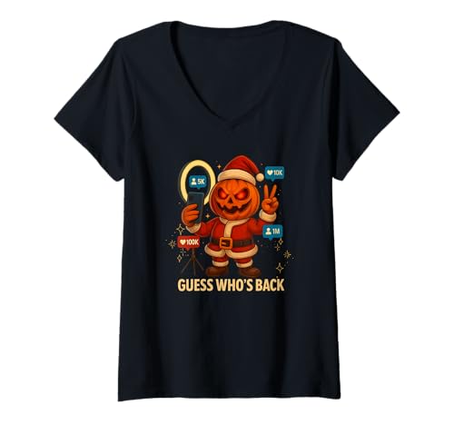 Damen Guess Who's Back Fierce Pumpkin Santa Influencer Funny T-Shirt mit V-Ausschnitt von Guess Who’s Back Pumpkin Santa Influencer