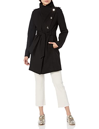 GUESS Damen Softshell-Mantel mit Gürtel und Kapuze Übergangsjacke, Schwarz, 38 von GUESS