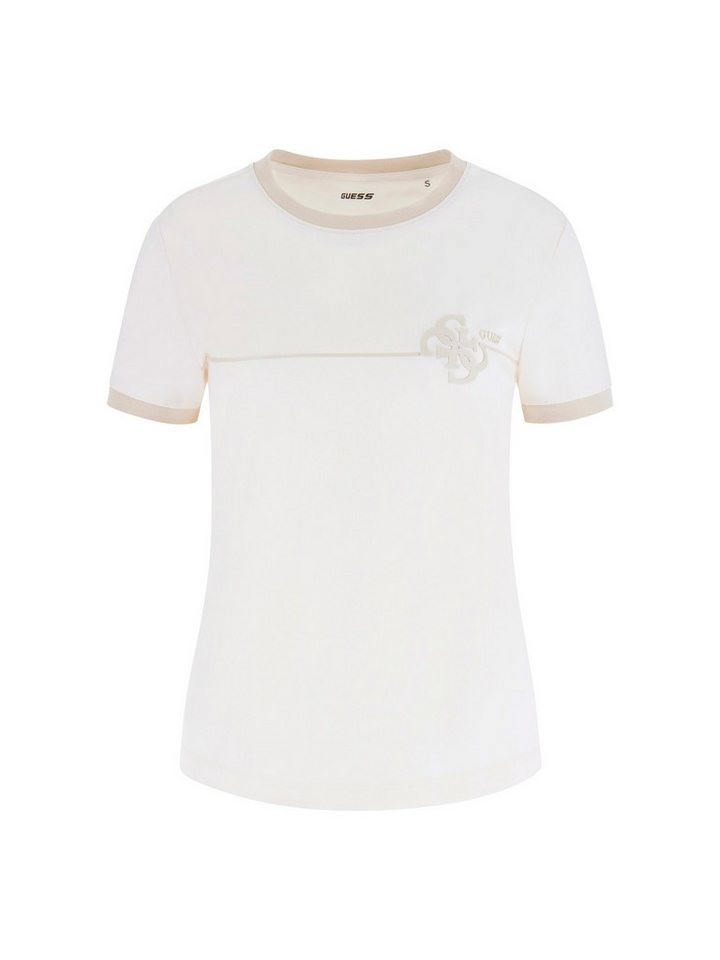 Guess Kurzarmshirt – Schmal geschnittenes Kurzarmshirt mit Logoschriftzug monochromer Besatz an Ausschnitt und Ärmel von Guess