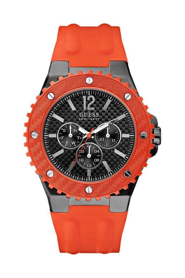Guess Multifunktionsuhr Armbanduhr Multifunktion Edelstahl Silikon Grau Orange W11619G4, Multifunktion, 24-Std. Anzeige von Guess