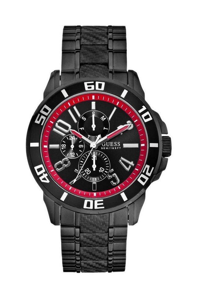 Guess Multifunktionsuhr Herrenuhr Armbanduhr Analog Edesltahl Schwarz Datum W18550G1, Multifunktion, drehbare Lünette, Krone verschraubt von Guess