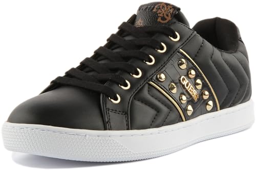 Guess Raula Damen Schnürschuh Kunstleder Nieten Sneaker, schwarz / goldfarben, 36 EU von Guess