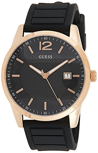 Guess Herren Roségold Uhr schwarzes Silikonarmband und schwarzes Zifferblatt W0991G7 von GUESS