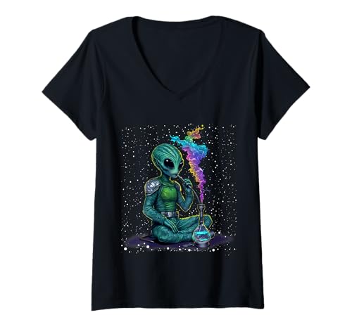 Damen Trippy Space Smoking Alien Psychedelic Galaxy Vapor T-Shirt mit V-Ausschnitt von GuffawGear