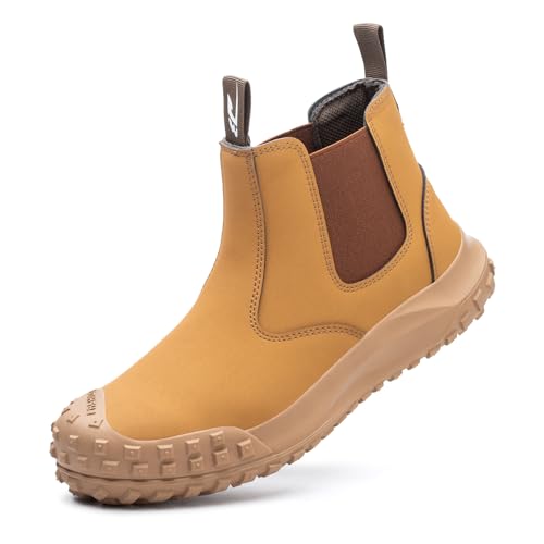 Gugifcto Arbeitsschuhe Herren S3 mit Leder Sicherheitsschuhe Herren Damen Elastischer Kragen Ohne Schnürsenkel Stahlkappenschuhe Damen Wasserdicht Staubdicht Anti-Smash und Anti-punktur Yellow44EU von Gugifcto