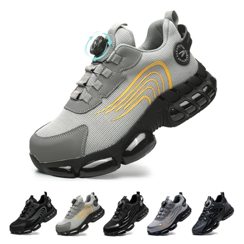 Gugifcto Sicherheitsschuhe Arbeitsschuhe Herren Damen Leicht Sportlich Atmungsaktiv Schnellverschluss Stahlkappen Anti-Smashing Mode Schutzschuhe Grey 40 EU von Gugifcto