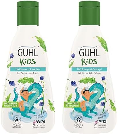 Guhl Kids 2 in 1 Shampoo & Duschgel - Inhalt: 250 ml - Speziell für Kinder entwickelt - Kein Ziepen - Kindgerechtes Design - Cosmos Natural zertifiziert (Packung mit 2) von Guhl