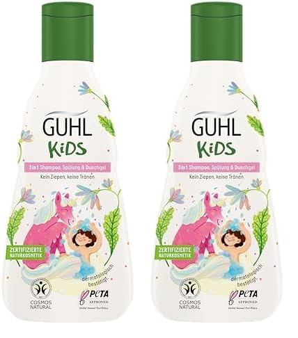 Guhl Kids 3 in 1 Shampoo, Spülung & Duschgel - Inhalt: 250 ml - Speziell für Kinder entwickelt - Kein Ziepen - Kindgerechtes Design - Cosmos Natural zertifiziert (Packung mit 2) von Guhl