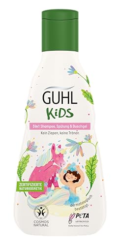 Guhl Kids 3 in 1 Shampoo, Spülung & Duschgel - Inhalt: 250 ml - Speziell für Kinder entwickelt - Kein Ziepen - Kindgerechtes Design - Cosmos Natural zertifiziert von Guhl
