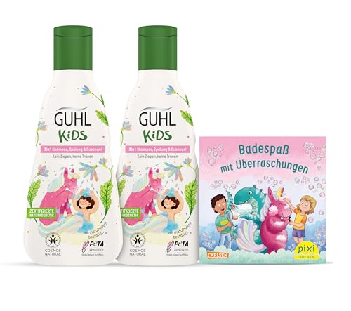 Guhl Kids Einhorn Vorteils-Set - 2x Guhl Kids 3 in 1 Shampoo, Spülung & Duschgel, 250ml + 1x Pixi Buch - Speziell für Kinder entwickelt - Kein Ziepen - Cosmos Natural zertifiziert von Guhl