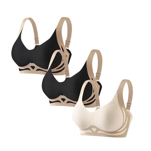 Guhmomh 3er Pack Seamless Push up BH Damen Ohne Bügel Minimizer BH Klassische Shaping Bras Lifting Anti-Sagging Bustier Verstellbarer Schultergurte Atmungsaktiv Tshirt Bralette Schwarz Khaki XXL von Guhmomh