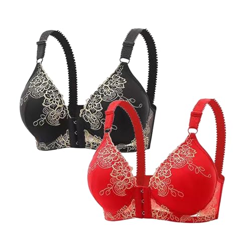 Guhmomh Push up BH Damen mit Bügel 2er Pack Spitzen Damen-BHS mit Vorderverschluss Klassische Anti-Sagging Bras Bequemer Bügel Tshirt Bralette Atmungsaktiv Top V-Ausschnitt Bustier Schwarz Rot L von Guhmomh