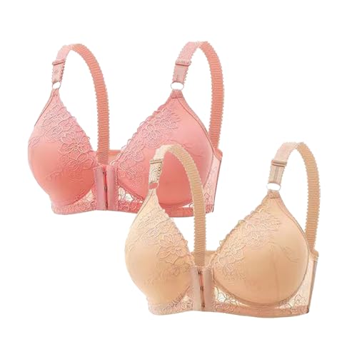 Guhmomh Push up BH Damen mit Bügel 2er Pack Spitzen Damen-BHS mit Vorderverschluss Klassische Anti-Sagging Bras Bequemer Bügel Tshirt Bralette Atmungsaktiv Top V-Ausschnitt Bustier Beige Rosa M von Guhmomh